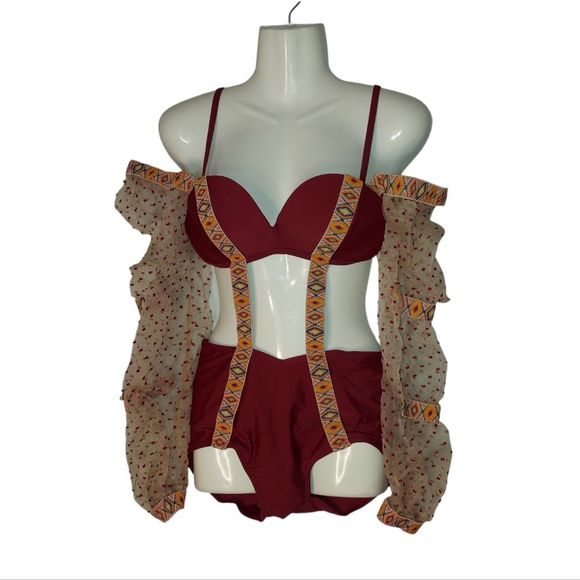 Red Wine Unique Long-Sleeve Paneled Swimsuit - Picture 3 of 13